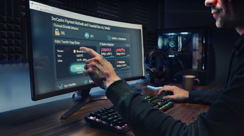 devcasino ödeme yöntemleri ve finansal güvenlik detaylarını bilgisayar ekranından inceleyen oyuncunun elleri.