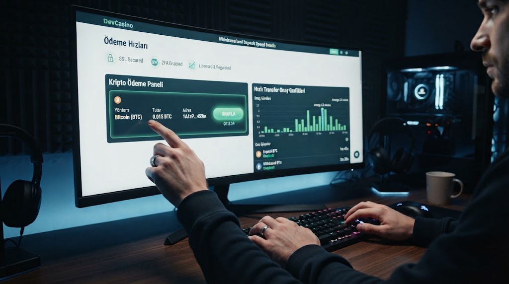 devcasino para çekme ve yatırım hızları detaylarını bilgisayar ekranından inceleyen oyuncunun elleri.