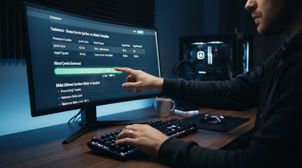 online casino bonus cevirim sartlari ve hileleri detaylarını bilgisayar ekranından inceleyen oyuncunun elleri.